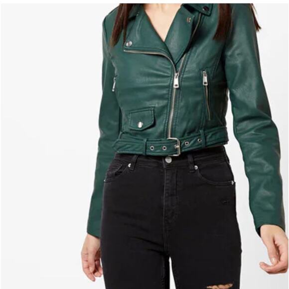 CiSono by Cavalini Green Vegan Leather Moto Jacket Medium Hunter Green Jacket - Picture 3 of 16